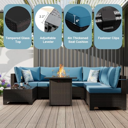 8-Piece Wicker Outdoor Patio Furniture Set - Fire Pit | Brown with Thick Cushions for Backyard, Garden & Porch