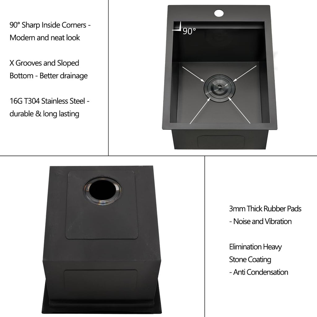15 Drop In Black Kitchen Bar Sink, Luckyhorse 15x20x10 Inches 16 Gauge Gunmetal Black Stainless Steel Drop In