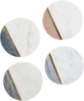 Round Marble Coasters - Handmade Multicolor Stone Drink Coasters with Gold Brass Inlay - Stylish Modern - Set of 4