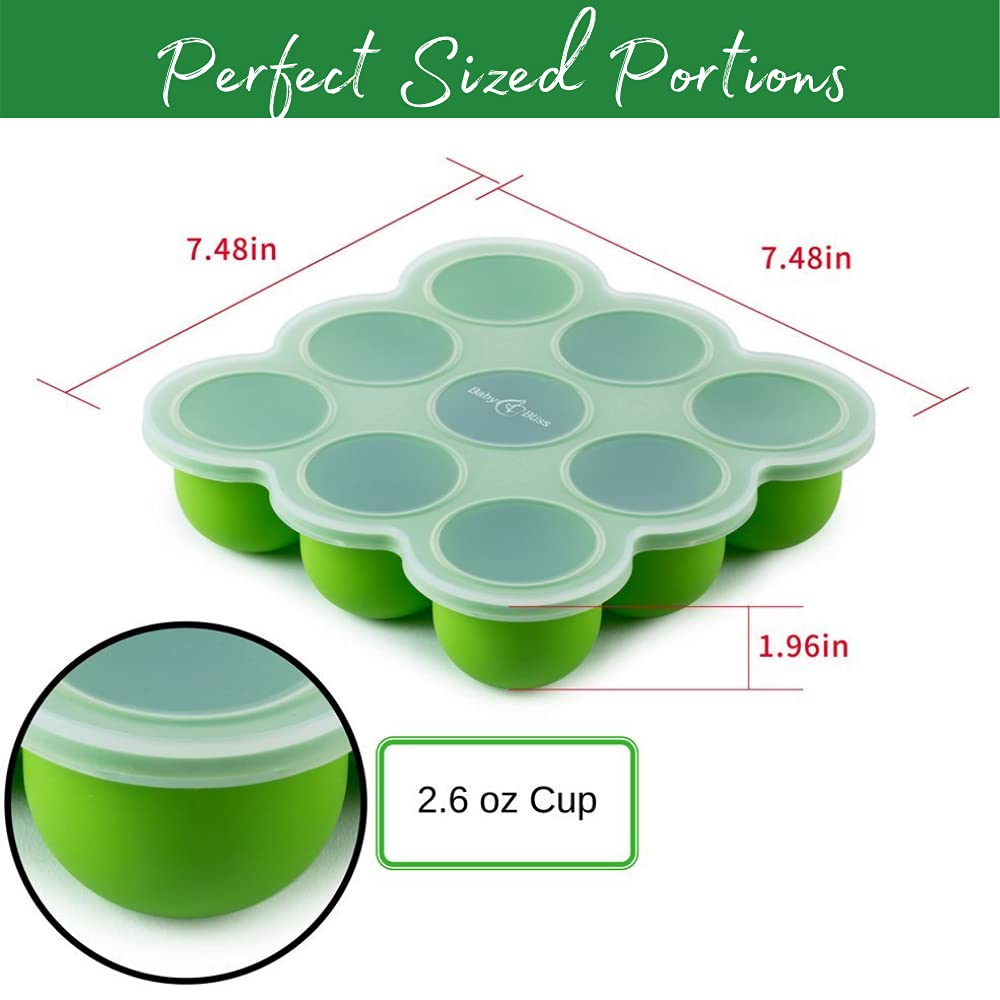 Food Storage Container and Freezer Tray - Food-Grade Silicone Mold with Clip-On Lid - 9 x 2.5 Oz Easy Out Portions