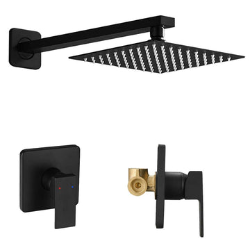 Matte Black Shower Faucet Set, Single Function Shower Trim Kit with Rough-in Valve, Square Rain Shower Head System