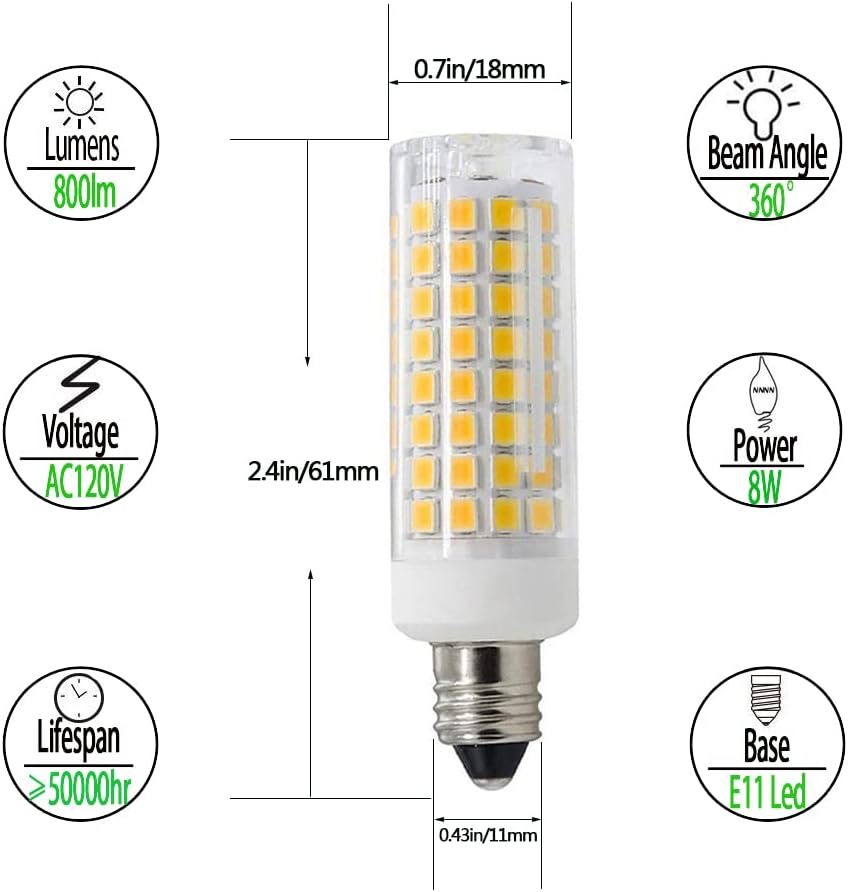 E11 Led,8W Dimmable E11 Mini Candelabra led,80W Halogen Bulb Replacement,800LM,AC110V-130V,JD T3/T4,Warm White