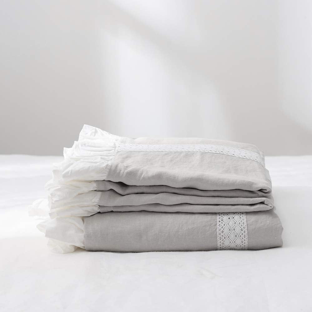 100% Linen Duvet Cover Set (68''x86'') Frill Floral Flax, Shabby Chic Ruffle Edge Lace Insert Decoration, 2