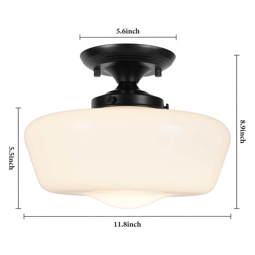 Schoolhouse Style Semi Flush Mount Ceiling Light Fixture, 12" Modern Hallway Ceiling Lamp with Opal Milk Glass Shade