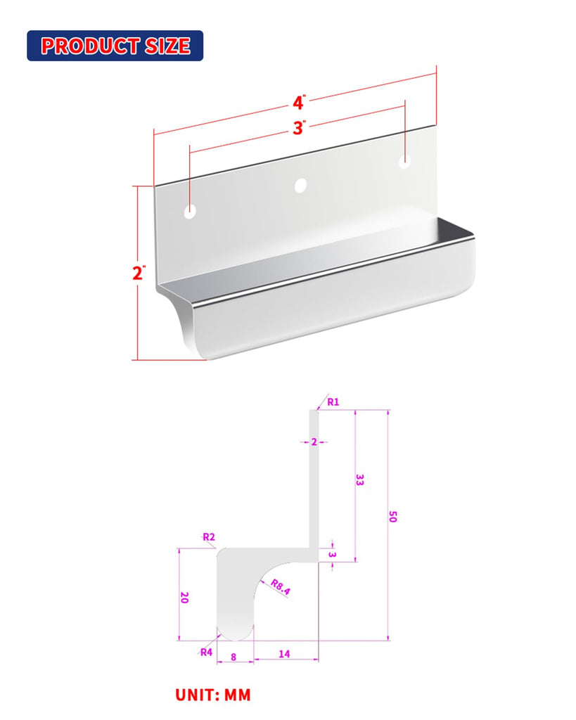 Under Cabinet Foot Pull 4" Silver Stick on Cabinet Handles 2 Pack