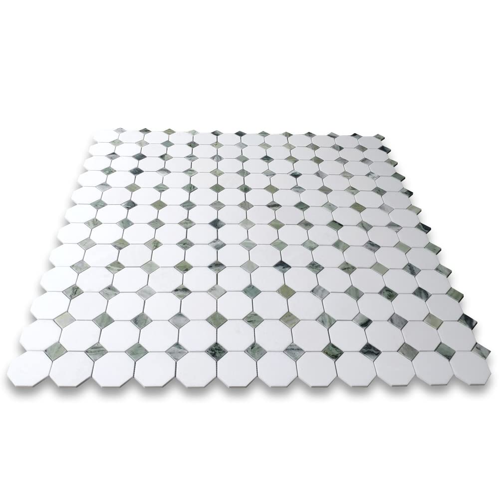Thassos White Marble 3 inch Octagon Mosaic Tile w/Sagano Green Dots Honed Kitchen Bath Wall Floor Backsplash Shower