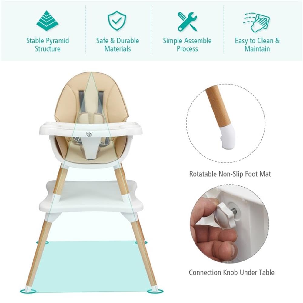 Baby High Chair Infant Convertible Chair 5 Point Seat Belt Khaki