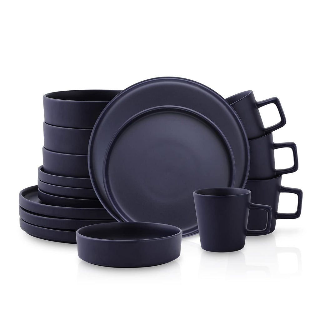 Lain Cleo Modern Stoneware 16-Piece Dinnerware Set, Plates and Bowls Set, Dish Set Service For 4, Dark Blue