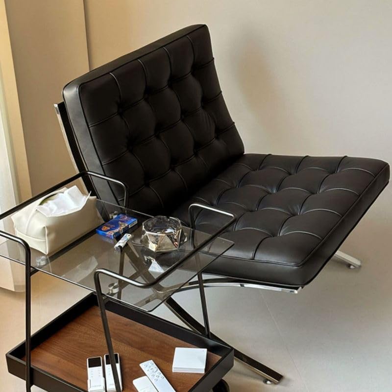 Inspired Barcelona Style Leather Lounge Chair and Ottoman — Black Oiled Leather, Compact Seat (23.5″L)
