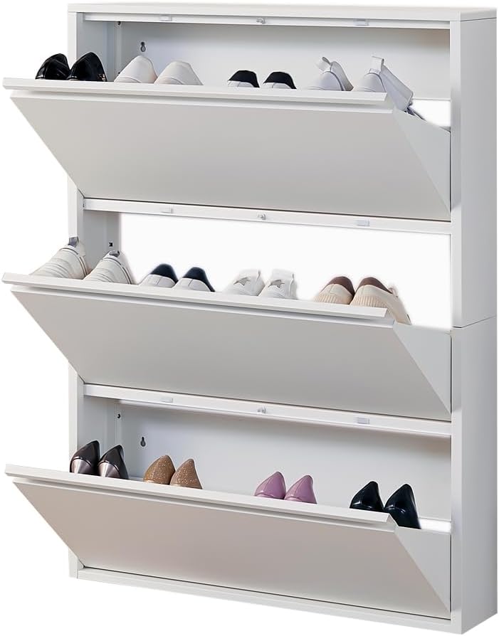 Shoe Storage Cabinet with 3 Flip Drawers, Hidden Slim Narrow Shoe Rack Cabinet, Wall Mount Metal Shoe Cabinet , White