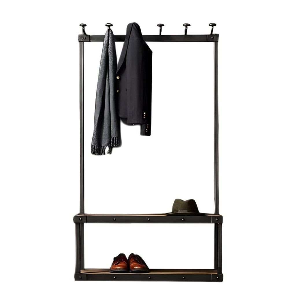 Industrial Coat Rack Shoe Bench with 7 Hooks Farmhouse Entryway Bench with Coat Rack Hallway Bench with Storage Shelf
