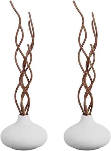 White Ceramic Vase Pottery Decorative Flower Vases with Brown Wavy Rattan Reed Diffuser Sticks Small - Set of 2