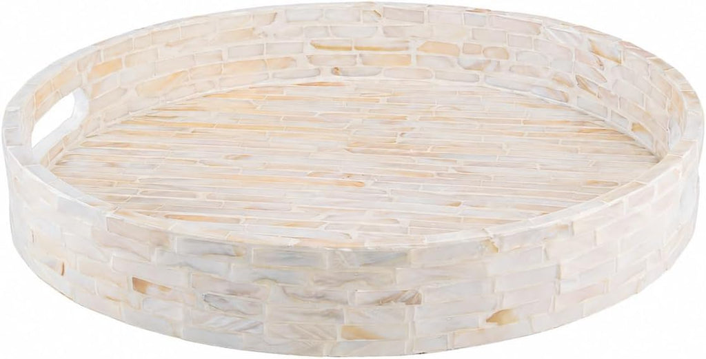 12.6" Decorative Round Serving Tray, Mother of Pearls Inlaid Coffee Table Tray w Insert Handles,Nacred Wooden Ottoman
