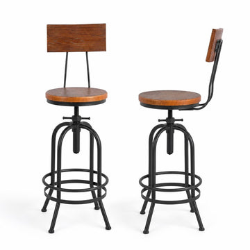 Set of 2-Industrial Bar Stools with Backrest-Swivel Wood Seat-Bar Counter Height Adjustable 26-32.2inch-Kitchen