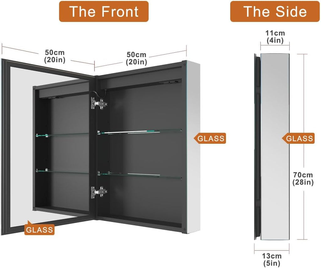 20 * 28 Left Hinge LED Bathroom Mirror Cabinet, Aluminum Medicine Cabinet | Light Adjustable, Sockets & USBs inside