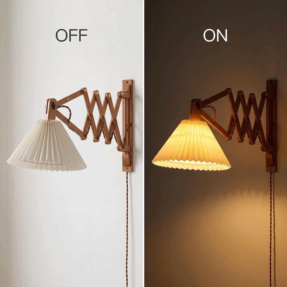 Extendable Wood Wall Sconce Lighting,Mid-Century Accordion Wall Light Fixture,Wall Lamp with Pleated Fabric