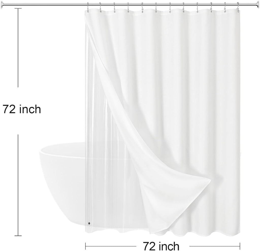 3 in 1 White Slub Shower Curtain Liner Set -72x72 | 3 in 1 White Slub Shower Curtain Set with PEVA Liner and 12 Steel