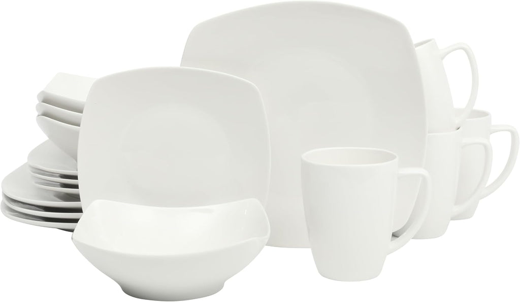Zen Buffet White Porcelain Dinnerware Set for 4, Square Plates Bowls and Mugs, Chip and Scratch Resistant