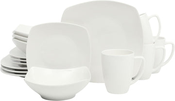Zen Buffet White Porcelain Dinnerware Set for 4, Square Plates Bowls and Mugs, Chip and Scratch Resistant
