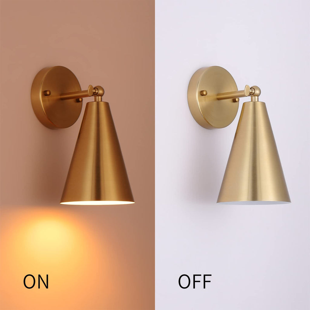 Gold Sconces Set of 2, Modern Brass Wall Sconces Lighting Fixtures with Metal Shade, Indoor Decor Wall Mount Swing