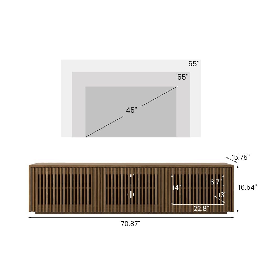 Full Assembled Mid Century Modern TV Stand, Wood Slatted Media Console for 65 inch TV, Entertainment Center with