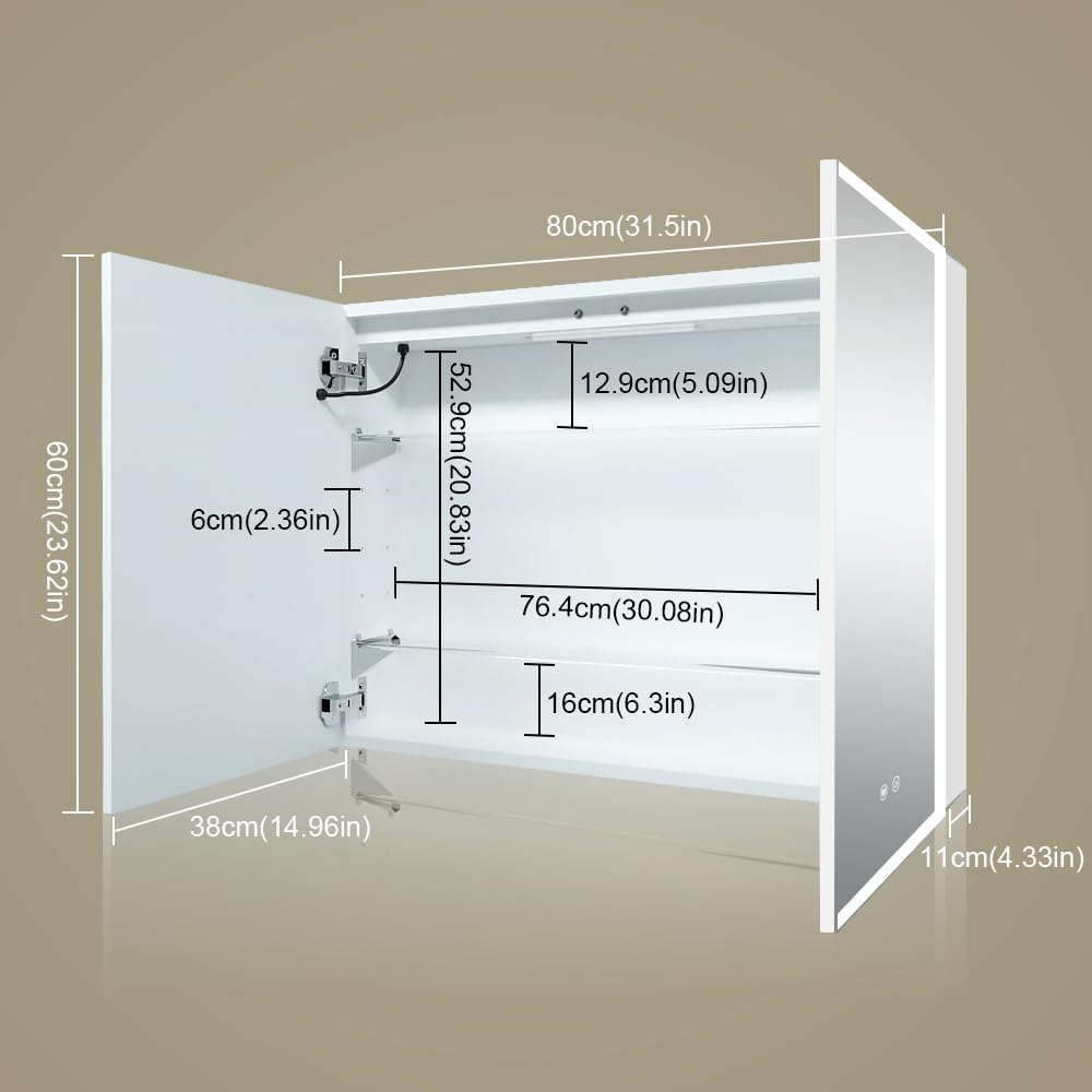 White LED Mirror Medicine Cabinets, Surface Mounted 32 x 24 Inch Bathroom Mirror Cabinet with Lights 3 Colors
