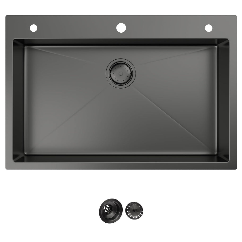 33 Inch Black Drop In Stainless Steel Sink Single Bowl