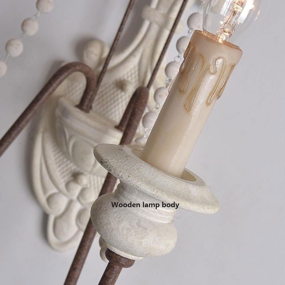 French Country Wall Sconce Vintage Distressed White Wood Rustic Farmhouse Candle Style Light Fixture with Beads