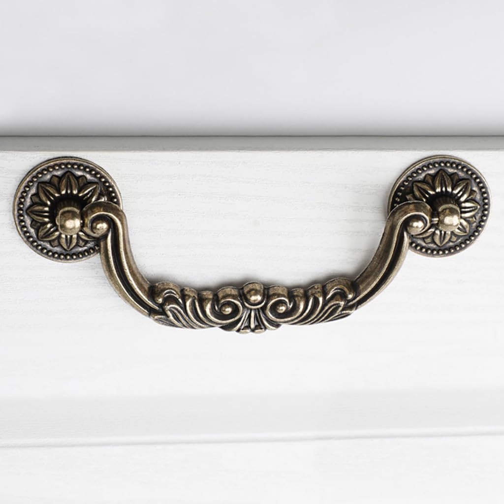6PCS Antique Bronze Drop Bail Pulls,Vintage Carved Cabinet Pulls Handles,5.0" Hole Centers Retro Drawer Knobs,Texture