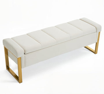 55" Tufted Storage Bench King Size Bed, Velvet Ivory White | Long Ottoman Gold Legs, Modern End of Bed Bench