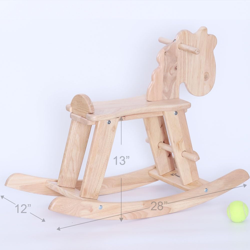 Natural Wooden Rocking Horse for Preschool (Ages 3-6) - Solid Rubber Wood, Safe & Comfortable Footrest, Supports