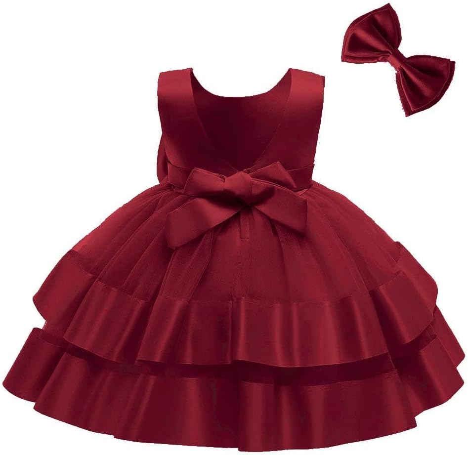 Toddler Girl Bowknot Backless Tutu Gown Ruffle Lace Tulle Dress Baby Party Dresses with Headwear