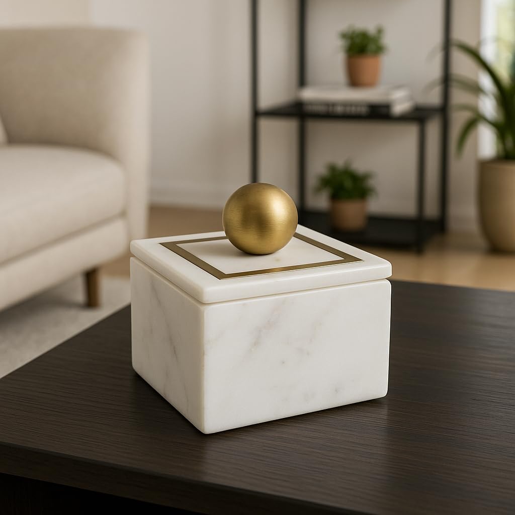 Minimalist Decorative Box Decor - Marble Keepsake Box with Brass Inlay & Lid - Ideal Jewelry Box and Modern Home