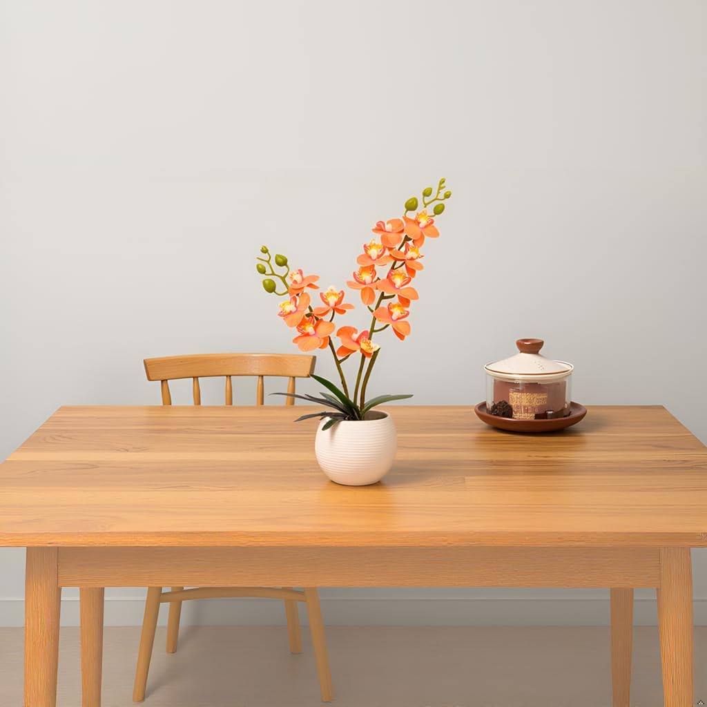 Orange Artificial Orchid Flower Potted in White Pot for Fall Decor - Set of 2