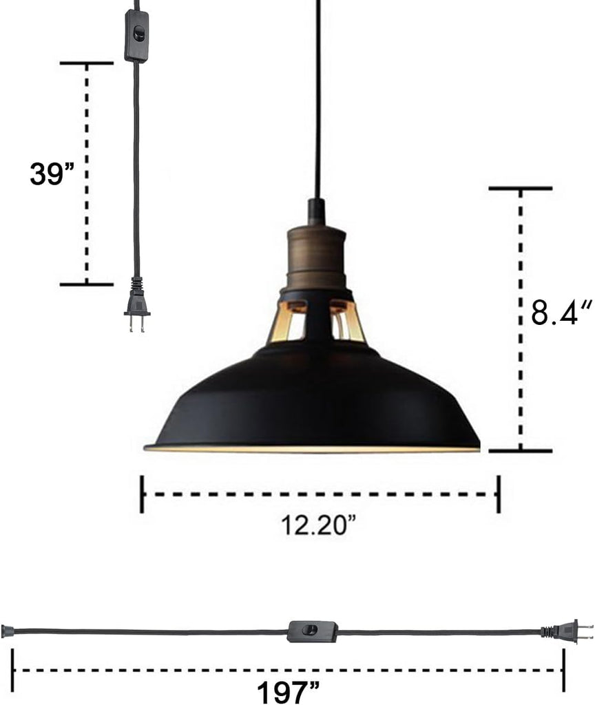 Black Plug-in Pendant Light Metal Barn Lights with On/Off Switch | 197 Inches Cord Renter Friendly Height Adjustable