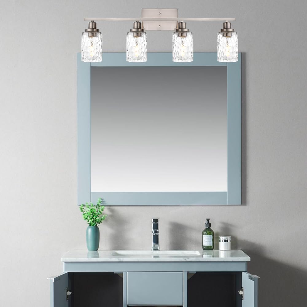 Brushed Nickel Bathroom Vanity Light with Clear Hammered Glass | 4-Light Wall Light Fixtures Modern Wall Lamp for