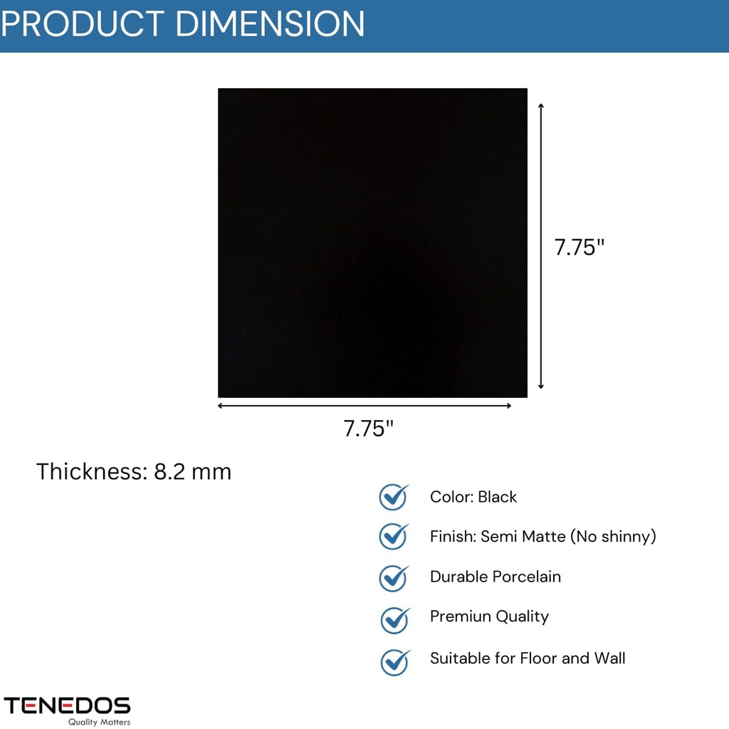 TRCD-GRS-8x8 Subway Square Black Porcelain Floor Wall Tile Backsplash Matte Finish (Box of 6.5 Square feet - 15
