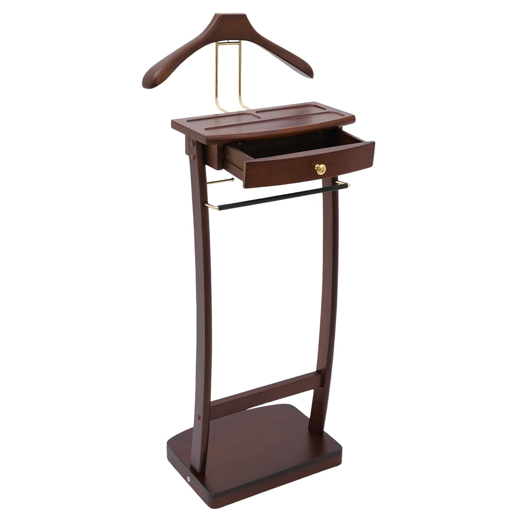 Wooden Valet Stand, Clothes Valet Stand for Men Freestanding Suit Clothes Valet with Drawer, Tray, Contour Hanger
