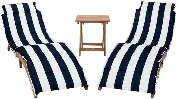 Outdoor Collection Pacifica Natural Brown Solid Wood/Navy & White Stripe Cushion 3-Piece Chaise Lounge Set with Table