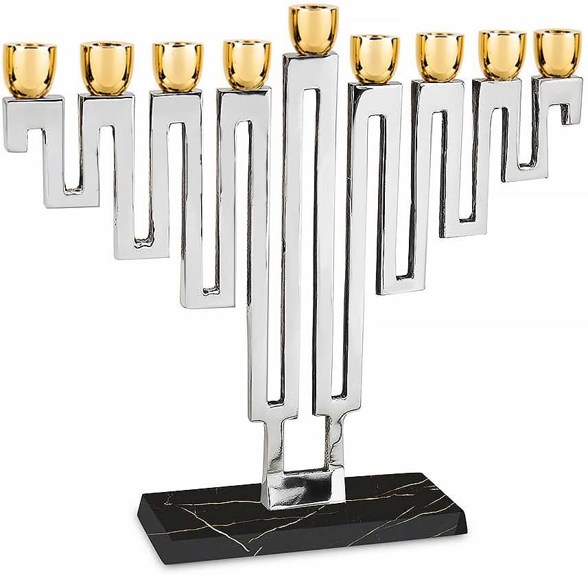 Artistic Nickel Plated Chanukah Candle Traditional Shape in a Modern Maze Hanukkiah Elegant Marble Decal Decorated