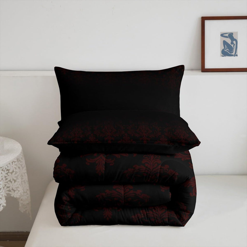 Black Red Damask Bedding Sets Full Size, Antique Victorian Baroque Boho Reversible Down Comforter Breathable Polyester
