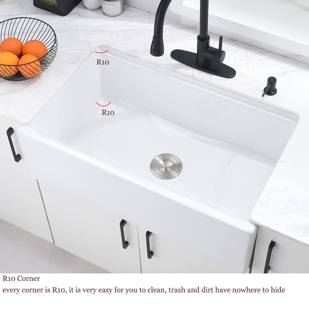 30 Inch White Farmhouse Sink, Fireclay Apron Front Kitchen Sink