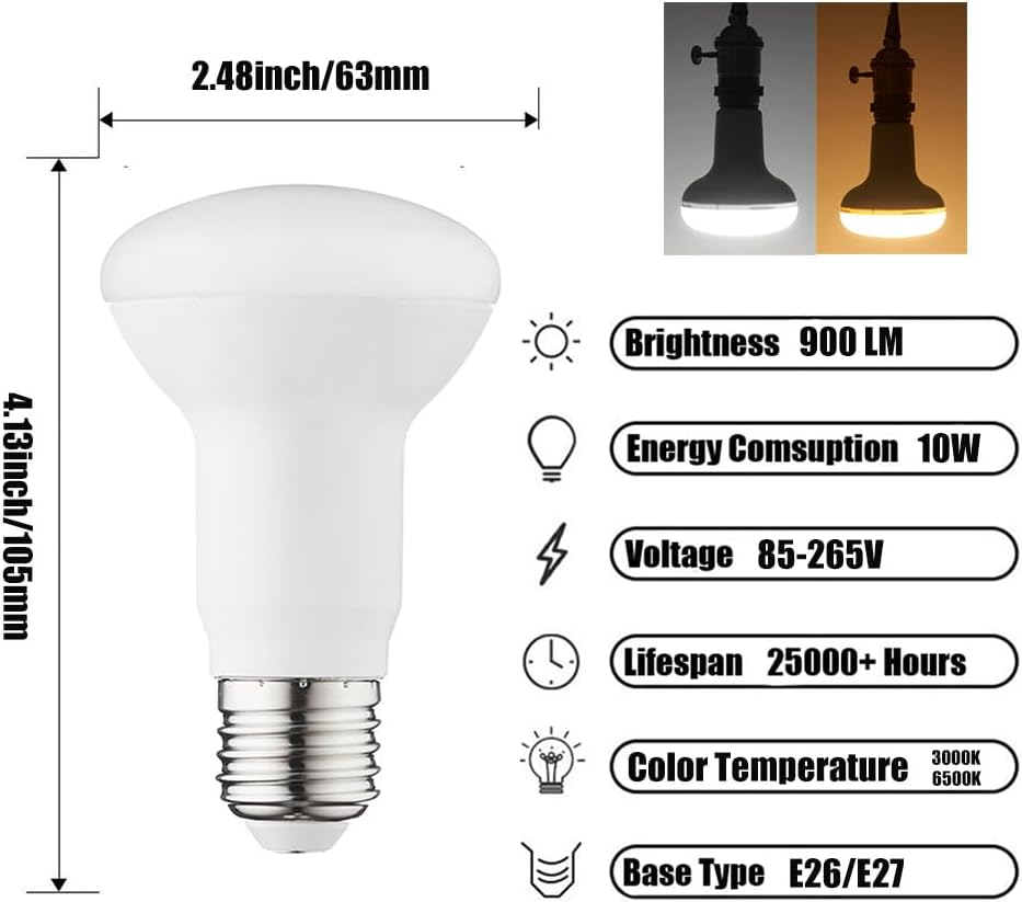 4Pack 10W LED R63 BR20 Light Bulb, 100 Watt Equivalent, Warm White 3000K, 1000LM E26 Base, Indoor Flood Lights
