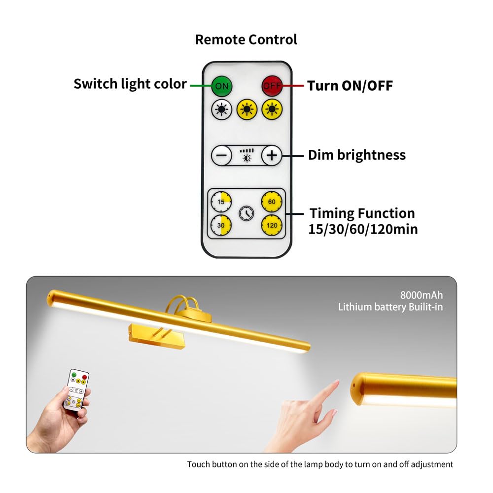 26" Wireless Picture Lights, Rechargeable Battery Art Display Light with Remote Control, Dimmable/Timer Off Dartboard