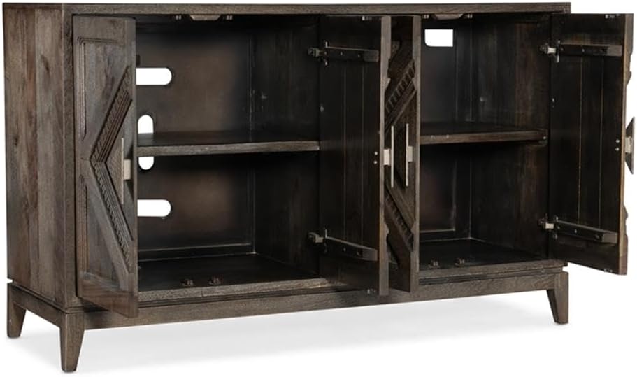 4 Door Mango Wood Accent Chest, Medium Brown Finish, Carved Diamond Pattern, Hammered Pewter Hardware, Rustic Storage