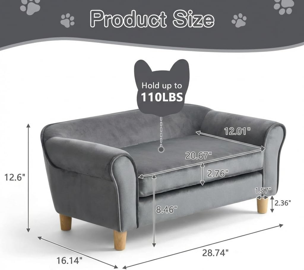 Pet Sofa Bed for Small Dogs and Cats with Backrest and Armrest 28.7" Modern Velvet Pet Couch Comfort Elevated Dog
