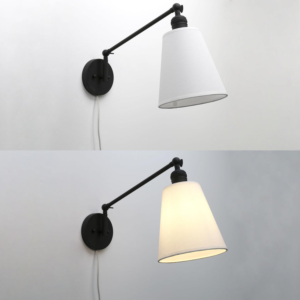 Retro Swing Arm Wall Sconce Plug in Wall Lamp Black Single Sconce with White Fabric Shade Wall Light Fixture Living