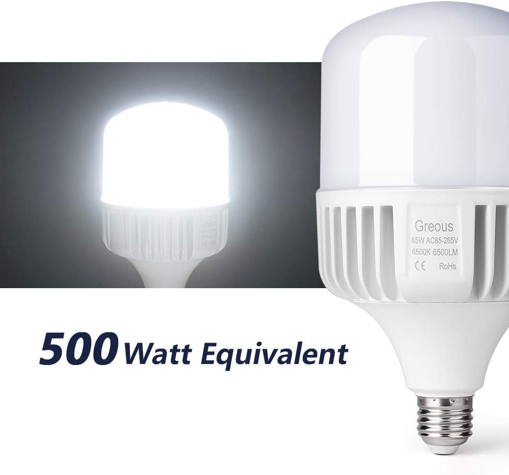 Super Bright 400W-500W Light Bulb Equivalent, 65W LED Bulb 120 Volt Cool White 6500K E26, 6500 Lumens,High Watt