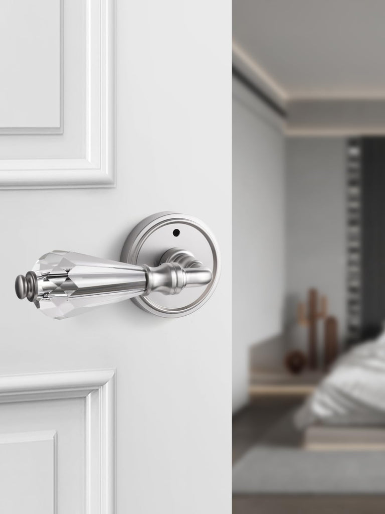 2 Pack Brushed Nickel Glass Door Lever Privacy Crystal Door Levers Satin Nickel Door Lever Interior Door Handle ,Zinc
