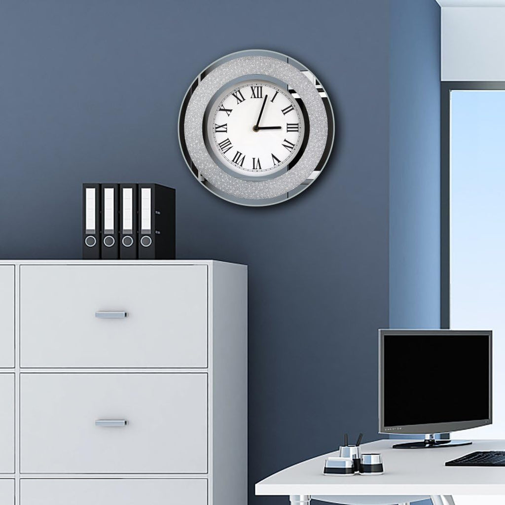 Bling Silver Round Mirror Clock 12inch. Glam Sparkle Twinkle Shining Mirrored Wall Clock for Wall Decoration Silver